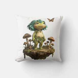 Cute Frog Girl Among Mushrooms with Butterfly Cushion