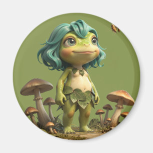 Cute Frog Girl Among Mushrooms with Butterfly Magnet