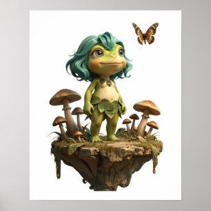 Cute Frog Girl Among Mushrooms with Butterfly Poster