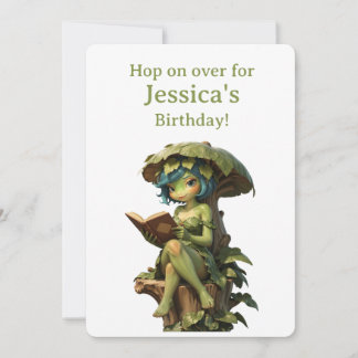 Cute Frog Girl Reading Book Under Leaf Card