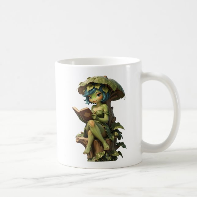 Cute Frog Girl Reading Book Under Leaf Coffee Mug (Right)