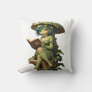 Cute Frog Girl Reading Book Under Leaf Cushion