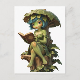Cute Frog Girl Reading Book Under Leaf Postcard