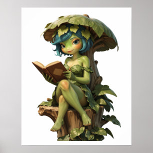 Cute Frog Girl Reading Book Under Leaf Poster