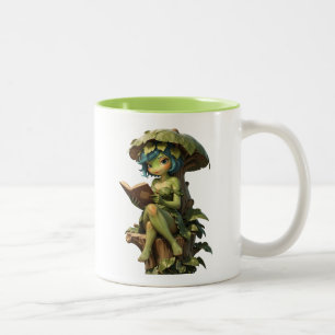 Cute Frog Girl Reading Book Under Leaf Two-Tone Coffee Mug