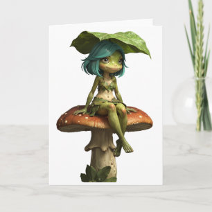 Cute Frog Girl Sitting on Mushroom Card
