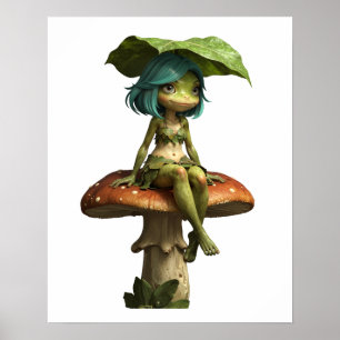 Cute Frog Girl Sitting on Mushroom Poster