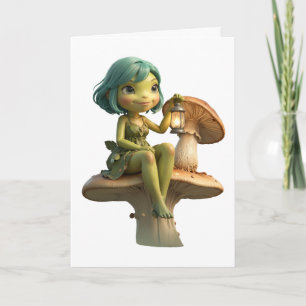 Cute Frog Girl with Lantern on Mushroom Card