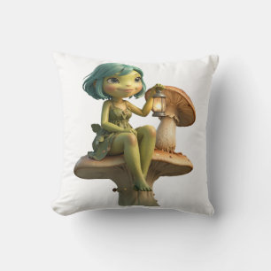 Cute Frog Girl with Lantern on Mushroom Cushion