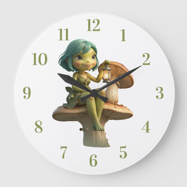 Cute Frog Girl with Lantern on Mushroom Large Clock (Front)