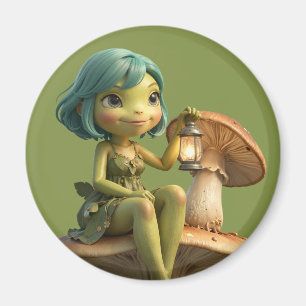 Cute Frog Girl with Lantern on Mushroom Magnet