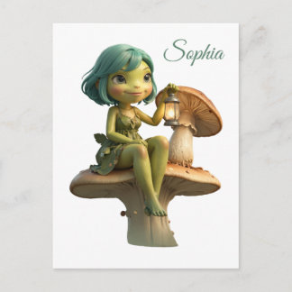 Cute Frog Girl with Lantern on Mushroom Postcard
