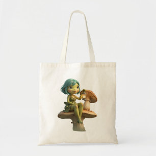 Cute Frog Girl with Lantern on Mushroom Tote Bag