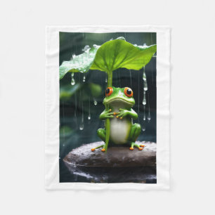 Cute Frog Holding Leaf Umbrella in Rain Fleece Bla Blanket