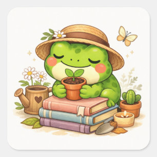Cute Frog Holding Plant Pot Square Sticker