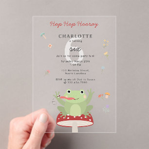 Cute Frog Hop Hop Hooray Mushroom Floral Birthday Acrylic Invitations