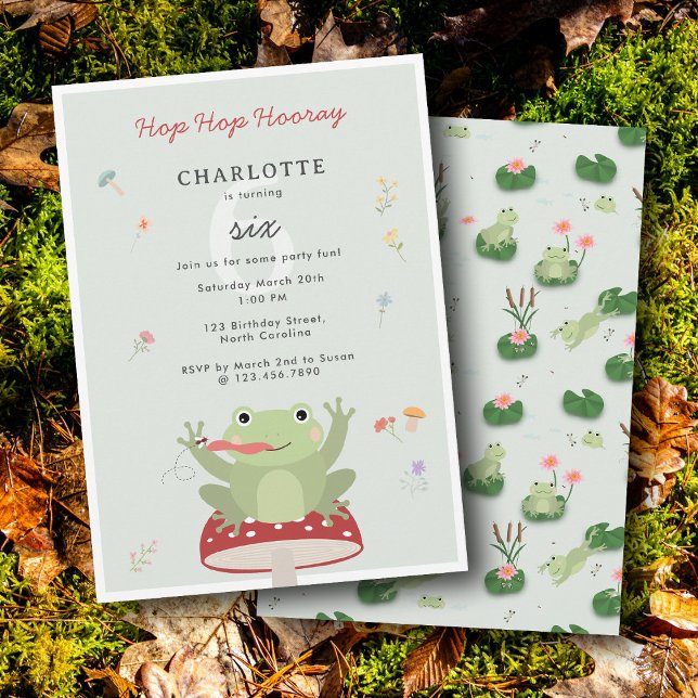 Cute Frog Hop Hop Hooray Mushroom Floral Birthday Invitation (Cute Frog Hop Hop Hooray Mushroom Floral Birthday Invitation)