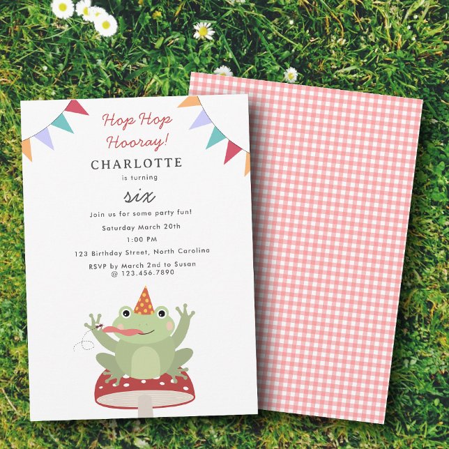 Cute Frog Hop Hop Hooray Mushroom Plaid Birthday Invitation (Cute Frog Hop Hop Hooray Mushroom Plaid Birthday Invitation)