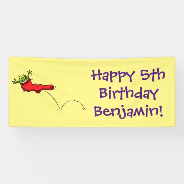Cute frog in a red sock jumping cartoon banner (Horizontal)