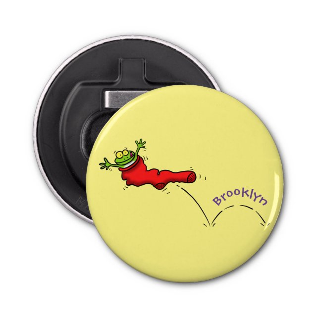 Cute frog in a red sock jumping cartoon bottle opener (Front)