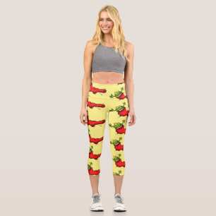 Cute frog in a red sock jumping cartoon capri leggings