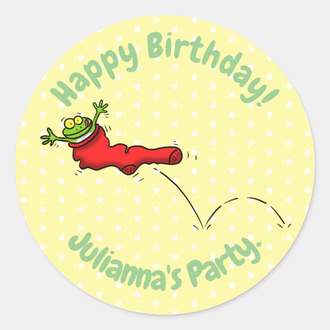 Cute frog in a red sock jumping cartoon classic round sticker (Front)