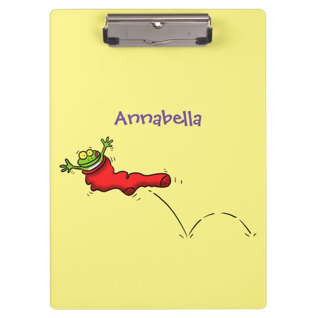 Cute frog in a red sock jumping cartoon clipboard (Front)