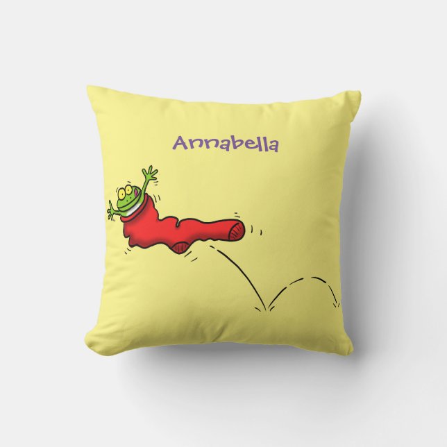 Cute frog in a red sock jumping cartoon cushion (Front)