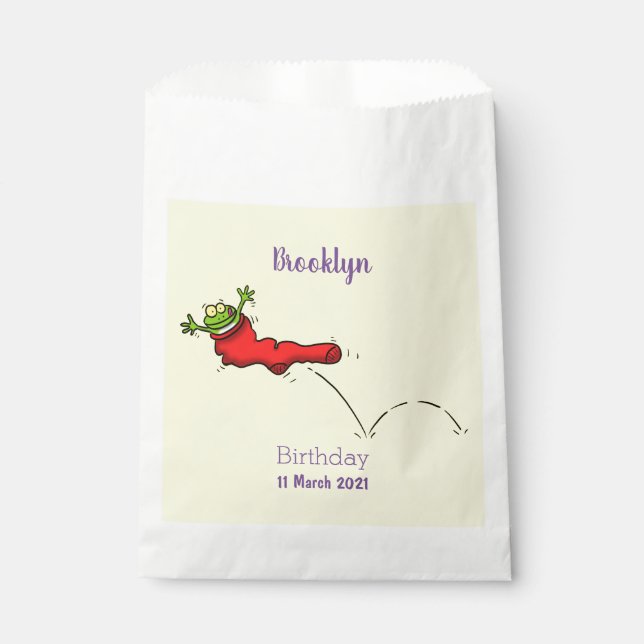 Cute frog in a red sock jumping cartoon favour bags (Front)
