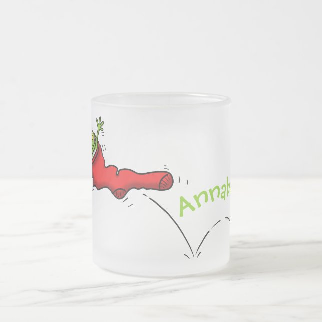 Cute frog in a red sock jumping cartoon frosted glass coffee mug (Center)