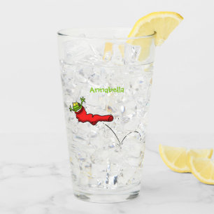 Cute frog in a red sock jumping cartoon glass