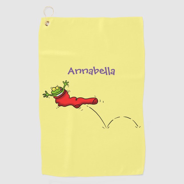 Cute frog in a red sock jumping cartoon golf towel (Front)