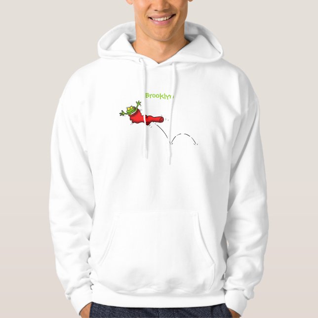 Cute frog in a red sock jumping cartoon hoodie (Front)