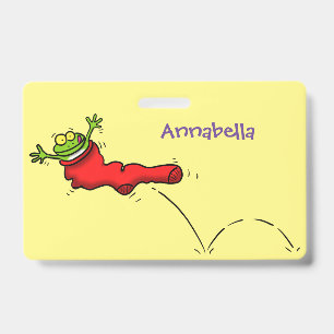 Cute frog in a red sock jumping cartoon ID badge