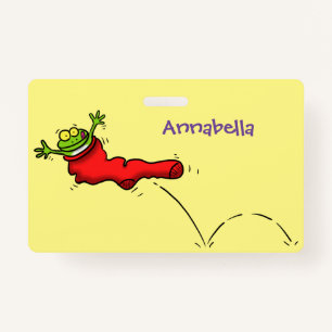 Cute frog in a red sock jumping cartoon ID badge