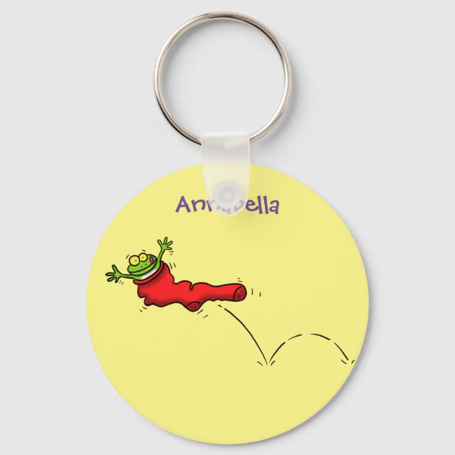 Cute frog in a red sock jumping cartoon key ring (Front)