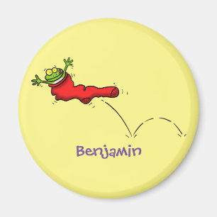 Cute frog in a red sock jumping cartoon magnet