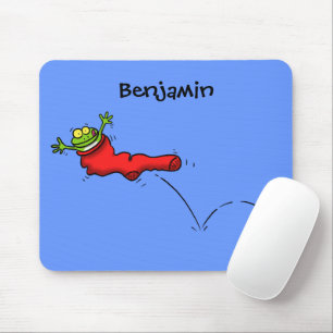 Cute frog in a red sock jumping cartoon mouse mat