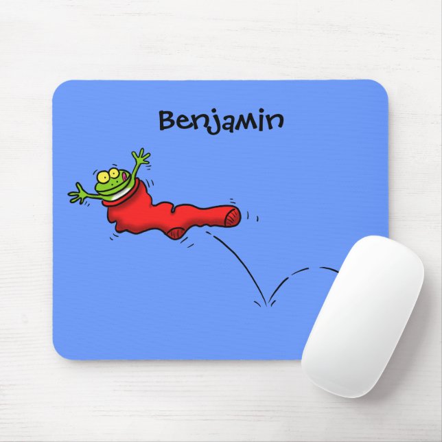 Cute frog in a red sock jumping cartoon mouse mat (With Mouse)