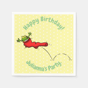 Cute frog in a red sock jumping cartoon napkin