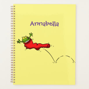 Cute frog in a red sock jumping cartoon planner