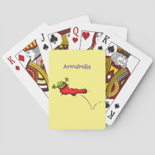 Cute frog in a red sock jumping cartoon playing cards