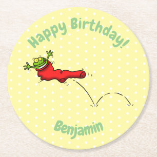 Cute frog in a red sock jumping cartoon round paper coaster