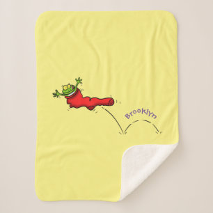Cute frog in a red sock jumping cartoon  sherpa blanket