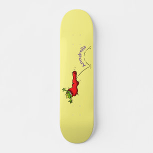 Cute frog in a red sock jumping cartoon skateboard