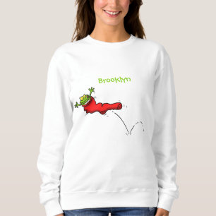 Cute frog in a red sock jumping cartoon sweatshirt