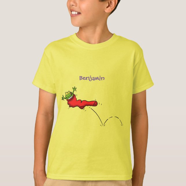 Cute frog in a red sock jumping cartoon T-Shirt (Front)