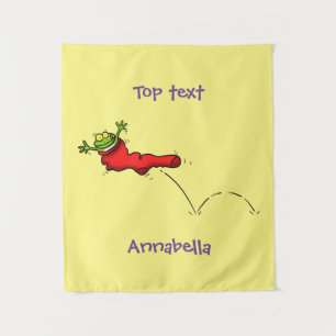 Cute frog in a red sock jumping cartoon tapestry