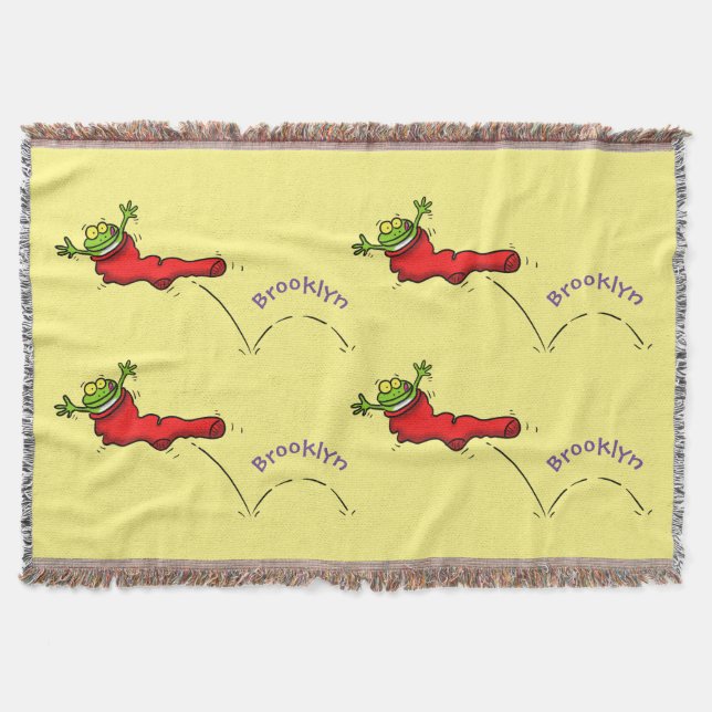 Cute frog in a red sock jumping cartoon throw blanket (Front)