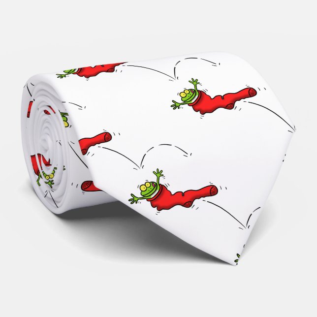 Cute frog in a red sock jumping cartoon tie (Rolled)